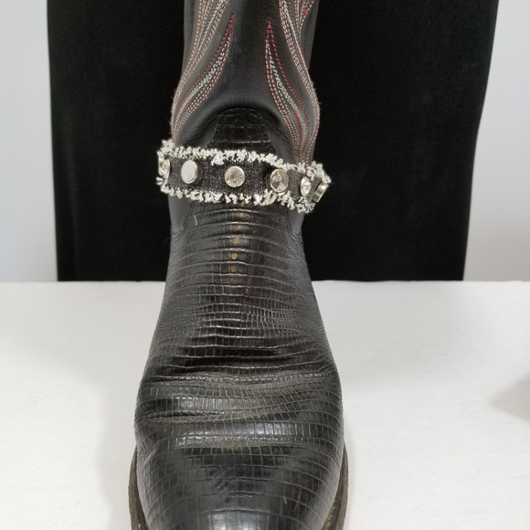 Black Denim Boot Rivet Rhinestone Choker - Picture 2 of 6